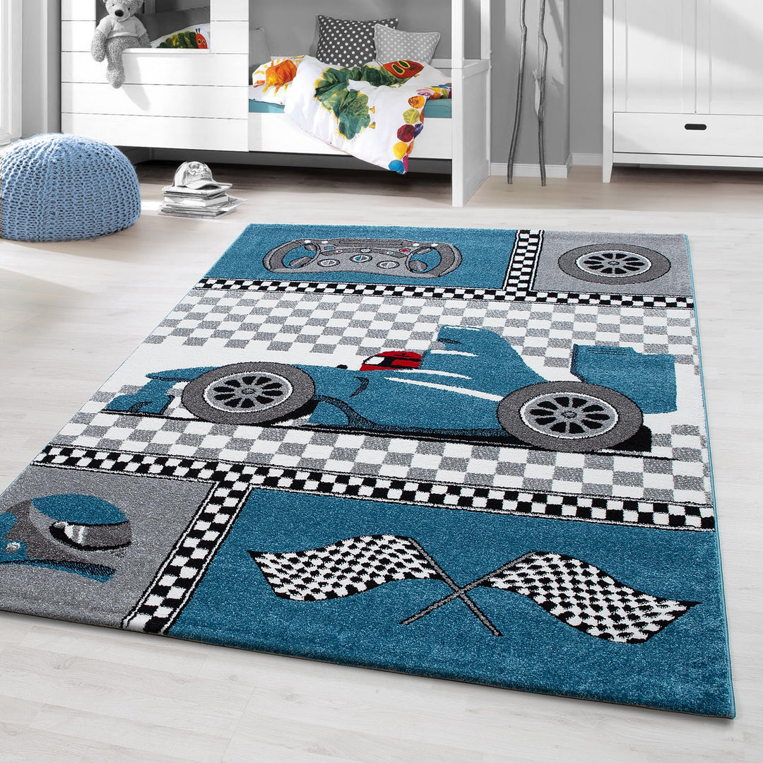 Kinderteppich Blau 80x150 cm Rennwagenmuster Läufer Jungen Teppich Kinderzimmer Kurzflor Teppich Ext