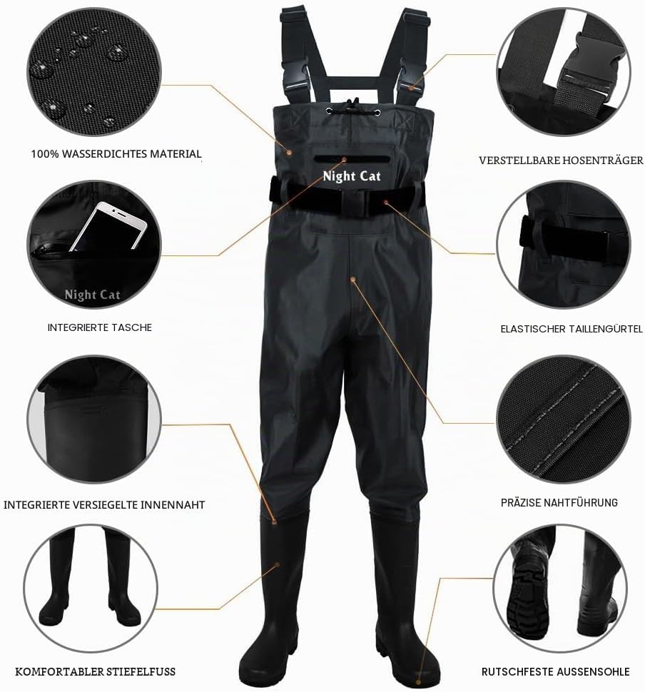 Night Cat Wathose Herren Damen Frauen Wathose mit Stiefeln wasserdichte Atmungsaktive Crosswater Wad