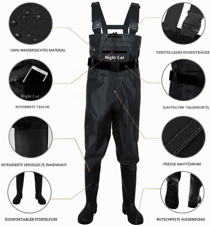 Night Cat Wathose Herren Damen Frauen Wathose mit Stiefeln wasserdichte Atmungsaktive Crosswater Wad
