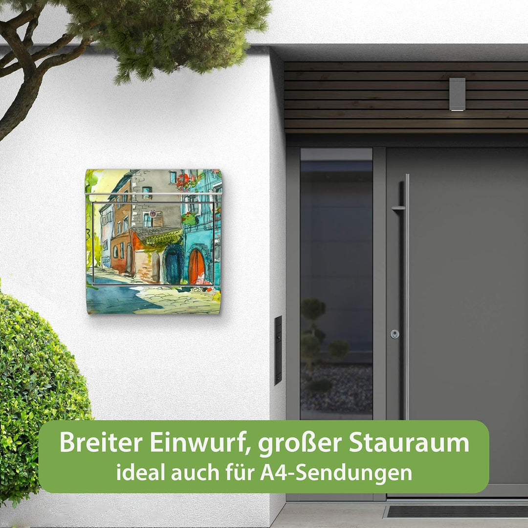 banjado® Briefkasten Edelstahl mit Motiv Historischer Stadtkern 38x43x12cm &amp; 2 Schlüssel - rostfreie