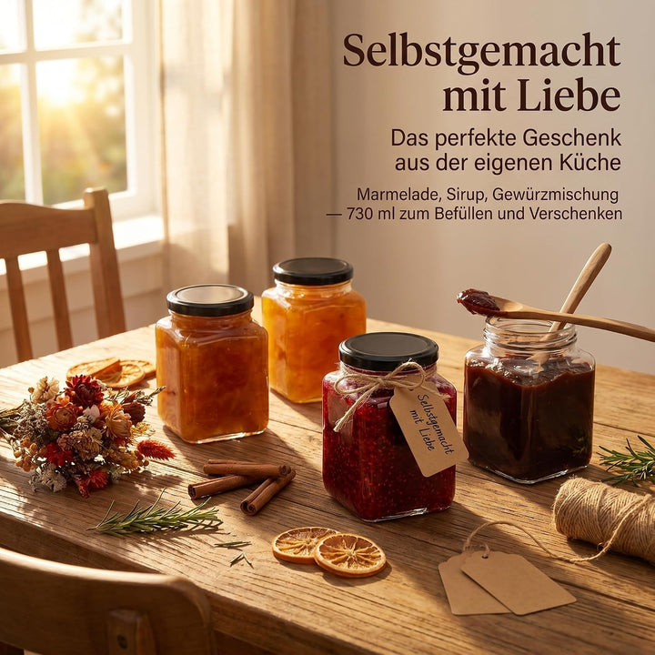 gouveo 6er Set Einmachgläser 730 ml eckig mit Schraub-Deckel schwarz - Grosse Vorratsgläser mit Dreh