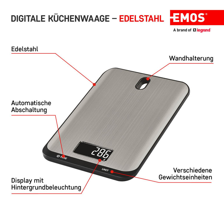 EMOS - digitale Küchenwaage mit Wandhalterung - aus Edelstahl - 10kg Maximalgewicht, Präzision bis z