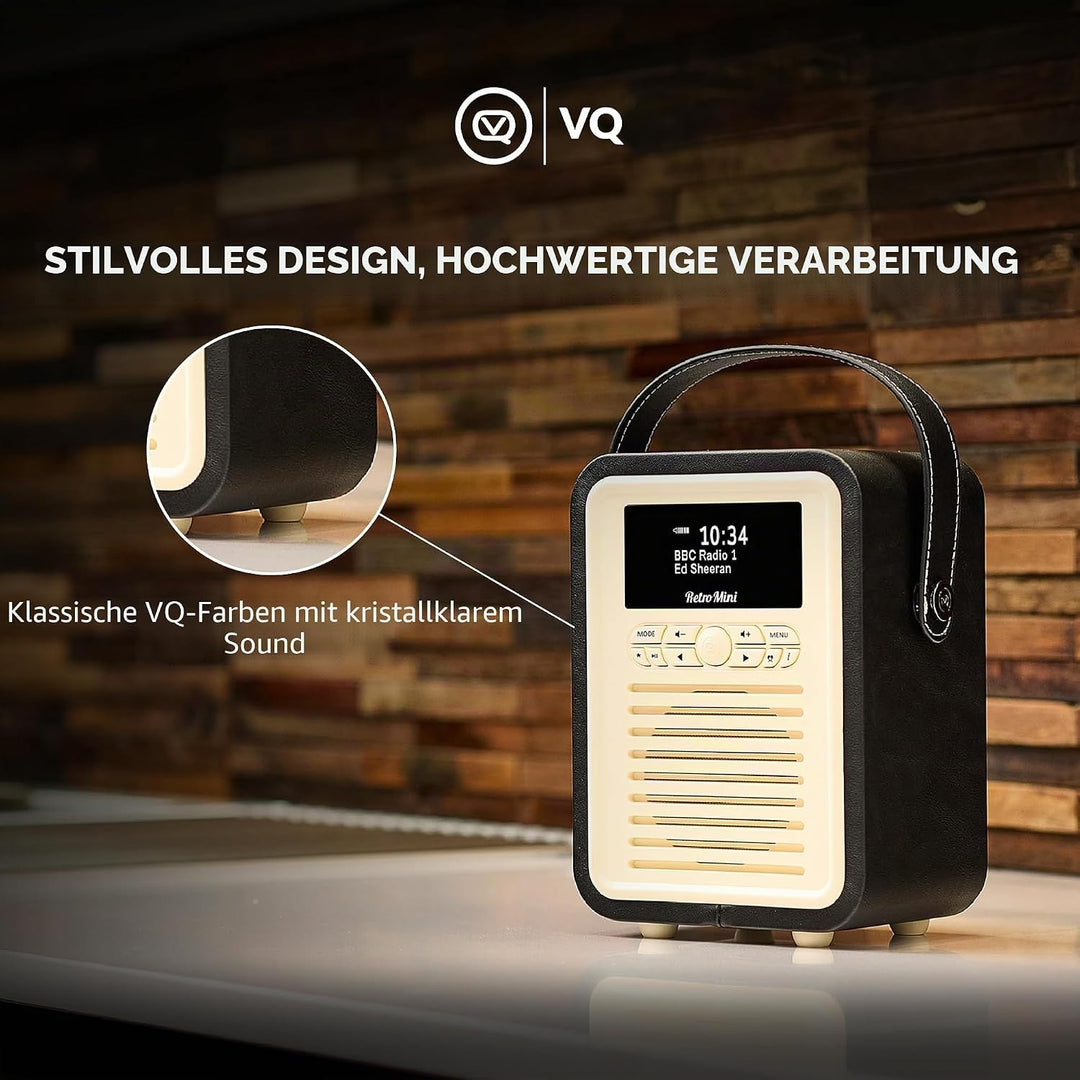 VQ Retro Mini Tragbares Radio mit Bluetooth-Lautsprecher und 60 Voreinstellungen. Enthält ein DAB-Ra