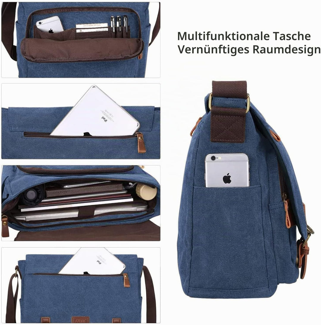 S-ZONE Herren Umhängetasche 15,6 Inch Grosse Vintage Canvas Messenger Bag Aktenktasche Schultertasch