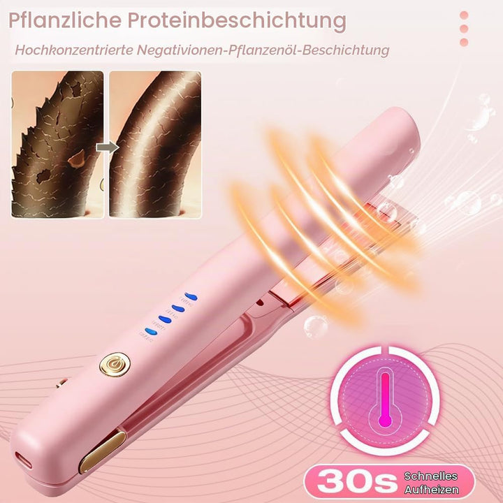 2 In 1 Mini Glätteisen Kabellos und Lockenstab, Hair Straightener, 4 Temperaturen, Wiederaufladbare
