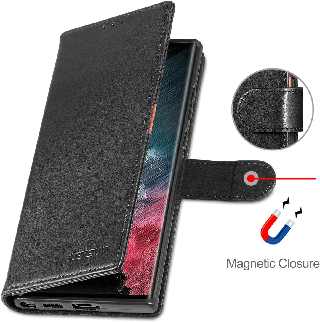 LENSUN Echtleder Hülle für Samsung Galaxy S22 Ultra, Handyhülle Echt Leder [Magnetverschluss][RFID]