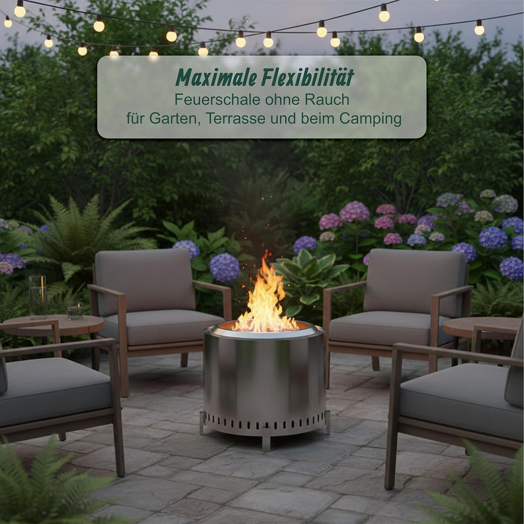 Relaxdays Feuerschale ohne Rauch, Edelstahl, HxD 45 x 49 cm, Standfuss &amp; Aschebehälter, rauchfreie F
