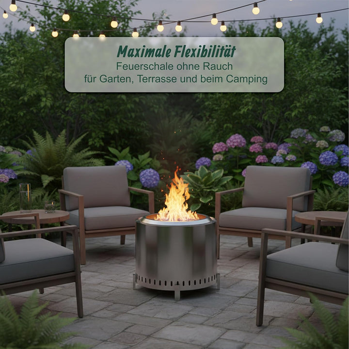 Relaxdays Feuerschale ohne Rauch, Edelstahl, HxD 45 x 49 cm, Standfuss &amp; Aschebehälter, rauchfreie F
