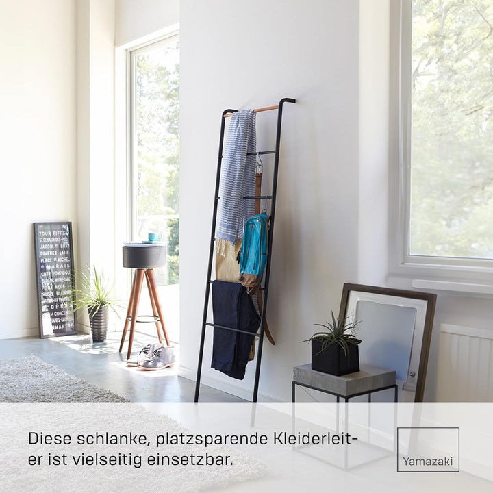 Yamazaki 2813 TOWER Lehnende Kleiderleiter, Schwarz, Stahl/Holz, Minimalistisch, 45 x 24 x 160 cm Sc