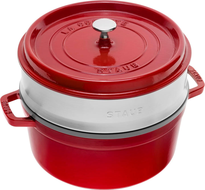 STAUB Gusseisen Bräter/Cocotte, mit Dämpfeinsatz, Rund 26 cm, 5,2 L, Aromaregen Funktion, Für alle H