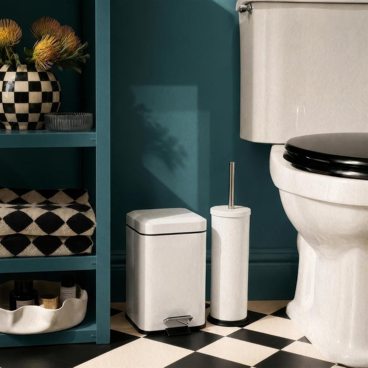Rink Drink Badezimmer-Set - Eckiger Mülleimer mit Pedal & Toilettenbürste - Weiss - 3 l, Weiss