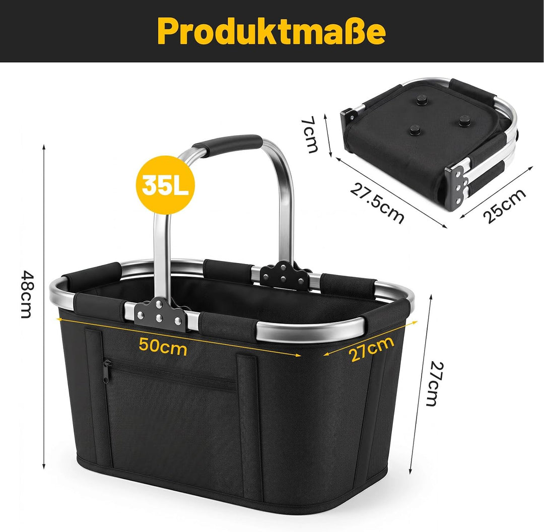 Einkaufskorb Faltbar 35L, Tragekorb aus 600D Oxford, 6 Stützstangen