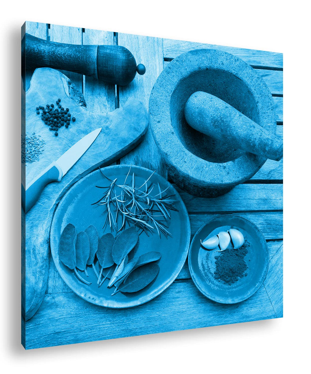 deyoli Gewürze mit einem Mörser Format: 60x60 Effekt: Monocrome Blau als Leinwandbild, Motiv fertig