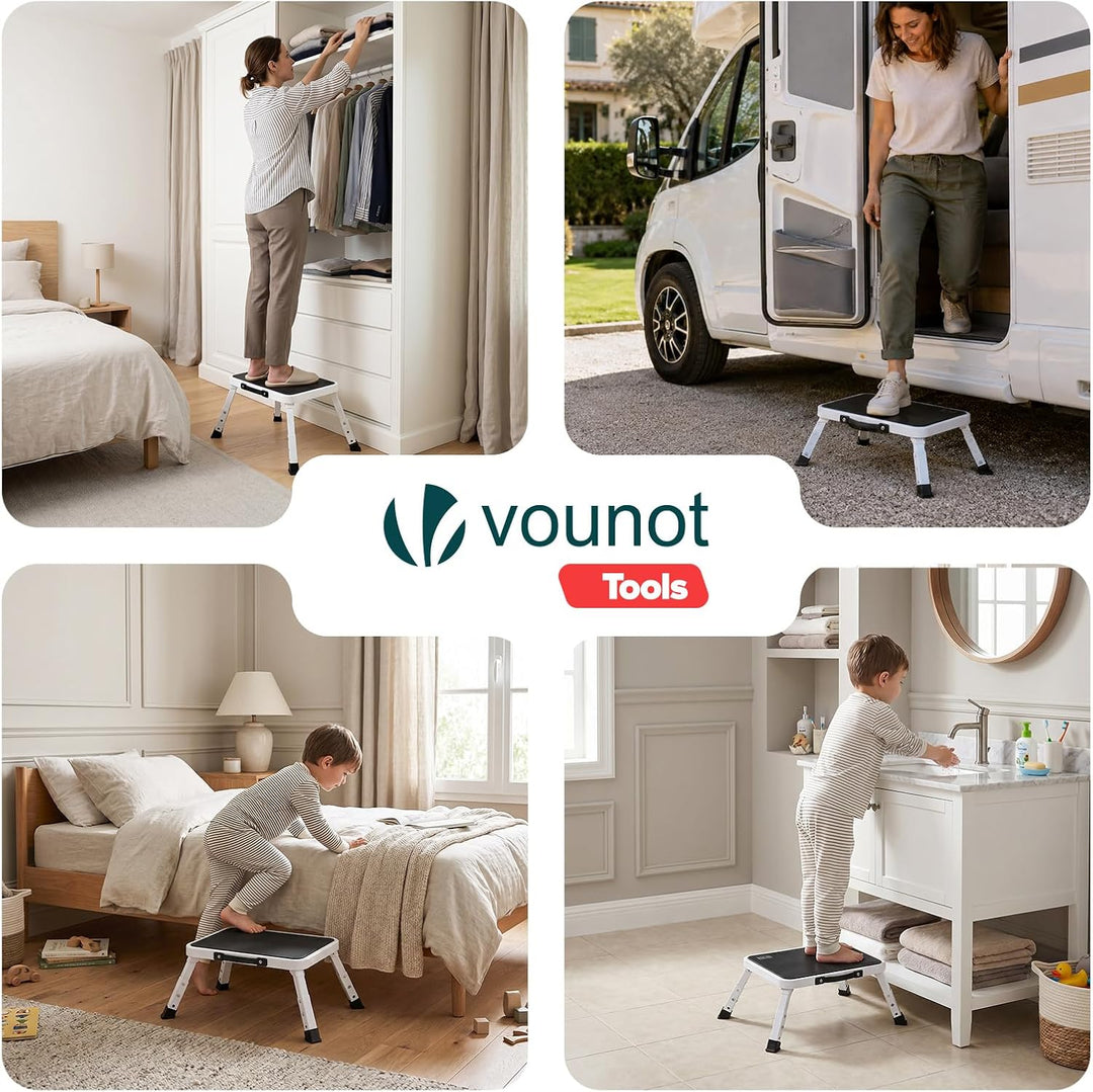 VOUNOT® Metall Tritthocker klappbar, 3-stufig höhenverstellbarer Klapptritt, tragbare Trittstufe mit