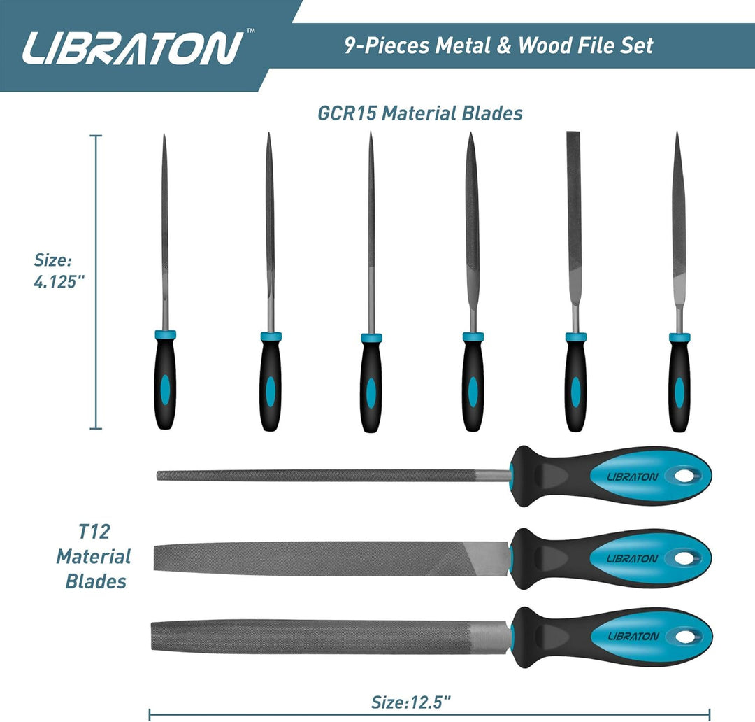LIBRATON Feilen Set, Werkstattfeile Satz 9 tlg. Feilenset Metall Set Feilensatz inkl. Flachfeile Hal