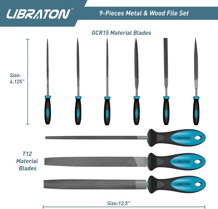 LIBRATON Feilen Set, Werkstattfeile Satz 9 tlg. Feilenset Metall Set Feilensatz inkl. Flachfeile Hal
