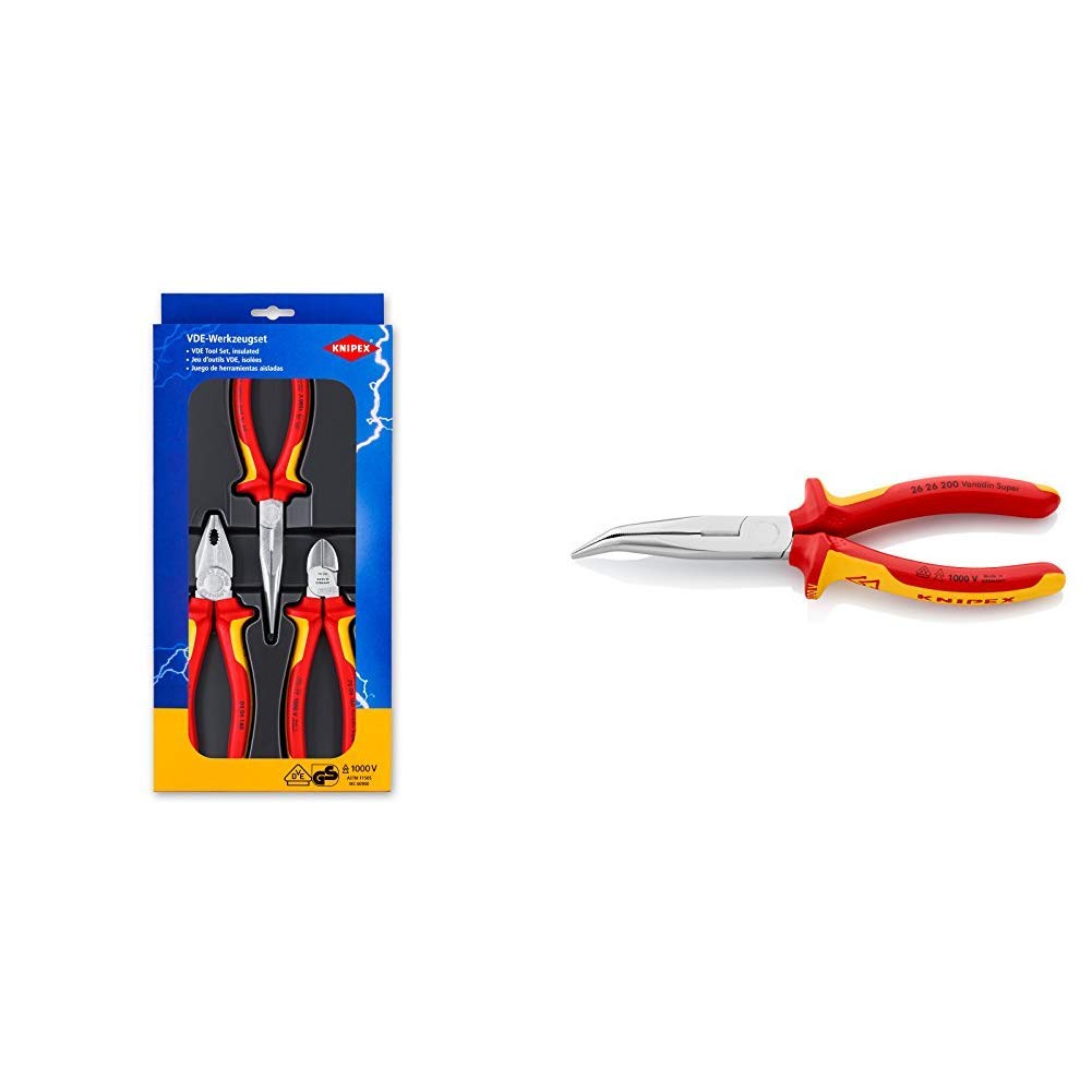 Knipex 00 20 12 – Elektro-Paket mit drei VDE-geprüften Zangen & 26 26 200 – Flachrundzange mit Schne
