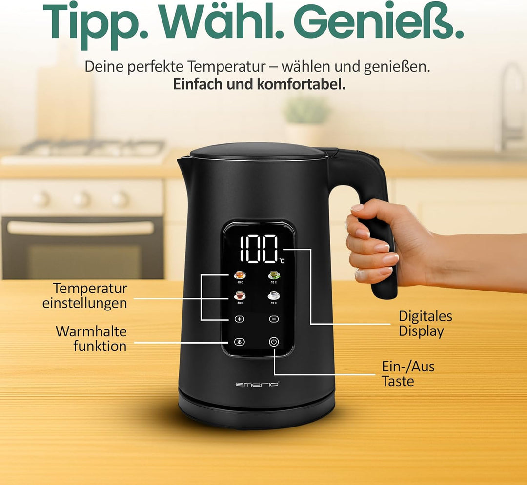 EMERIO Wasserkocher Edelstahl 1.7L | isolierte Doppelwand | Temperaturwahl 40-100°C in 5°C Schritten