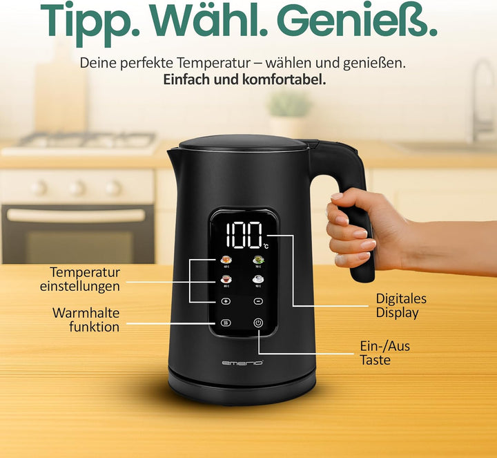 EMERIO Wasserkocher Edelstahl 1.7L | isolierte Doppelwand | Temperaturwahl 40-100°C in 5°C Schritten