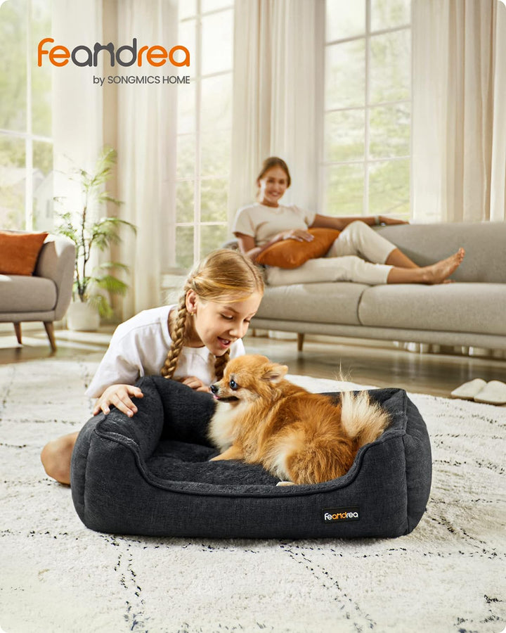 Feandrea Hundebett, Hundekissen in Leinenoptik, Hundekorb, erhöhte Ränder, rutschfeste Unterseite, B