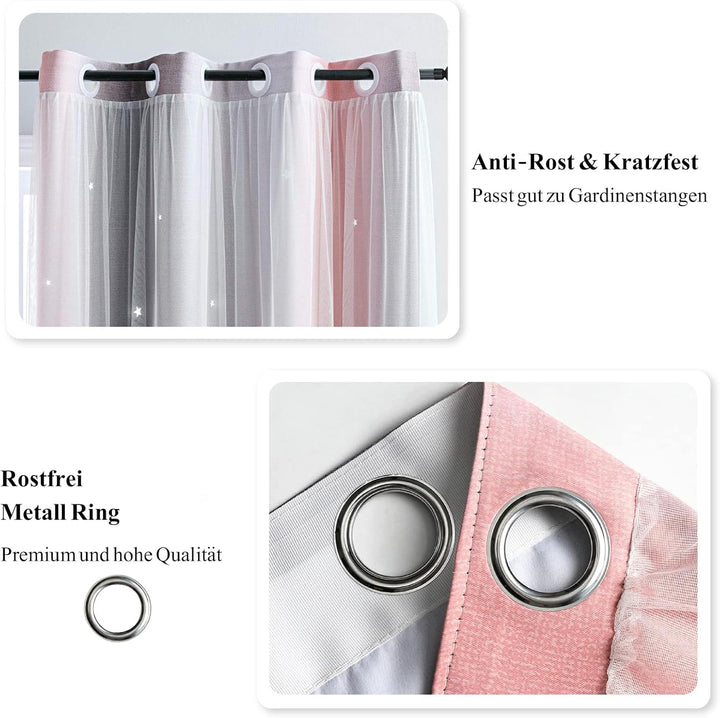 Freyamy Gardinen Rosa Grau Glänzend Sterne Vorhänge Blickdicht Kinderzimmer Halbtransparent H 250 X