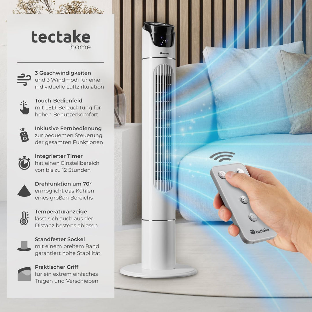tectake® Ventilator gross mit Fernbedienung, Ventilator oszillierend mit 3 Geschwindigkeitsstufen, T