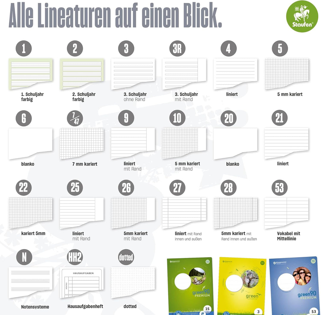 Staufen Green Heft - DIN A4, Lineatur 21 (9mm liniert), 32 Blatt, premiumweisses 90g/m² Recyclingpap