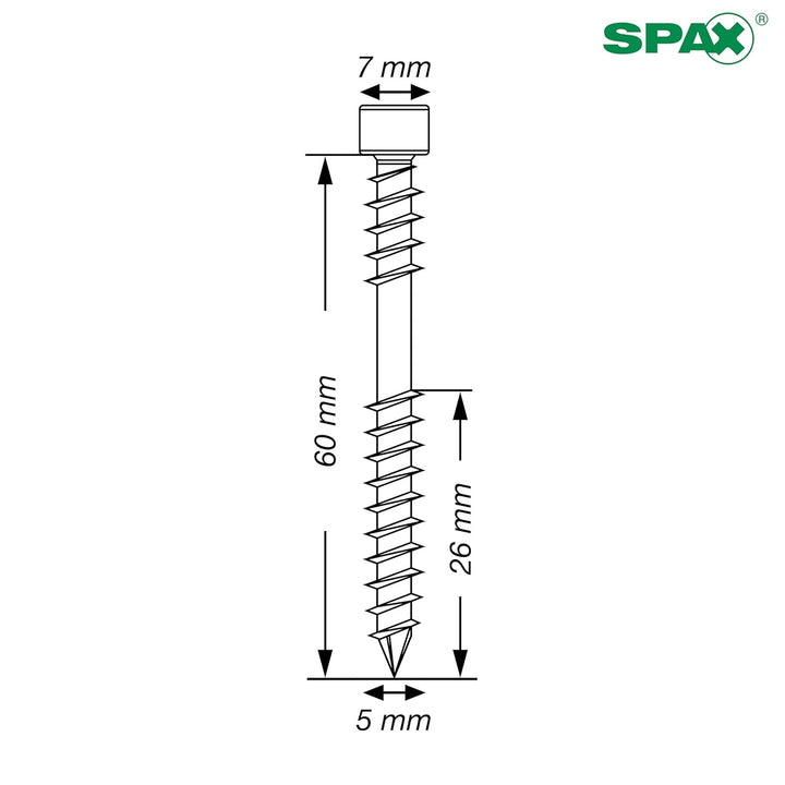 SPAX Terrassenschraube, 5 x 60 mm, 180 Stück, Fixiergewinde, Zylinderkopf, T-STAR plus T25, CUT, Ede