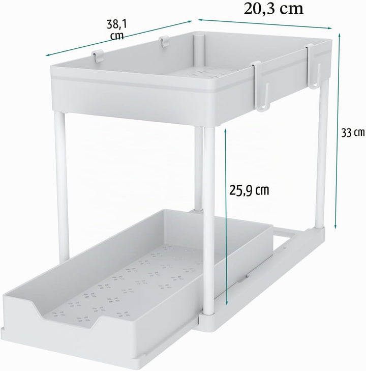 DEKAVA Küchen Organizer, 2 Unter Waschbecken Regal, Schrank Küchenorganizer mit 4 Haken, Schrankkorb