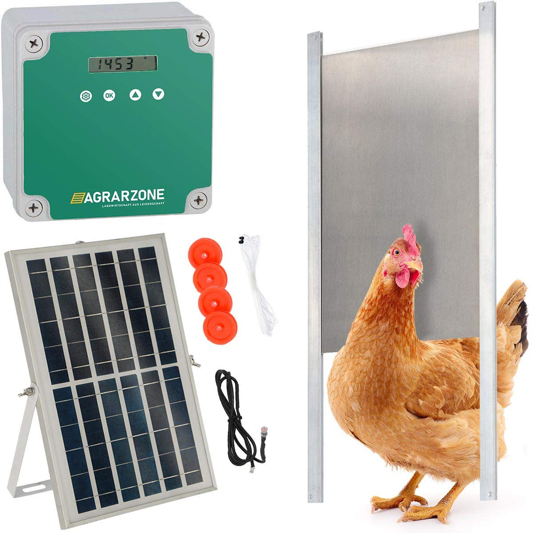 Agrarzone automatische Solar Hühnertür Hühnerklappe mit Schieber 22 x 33 cm | Türöffner Hühnerstall