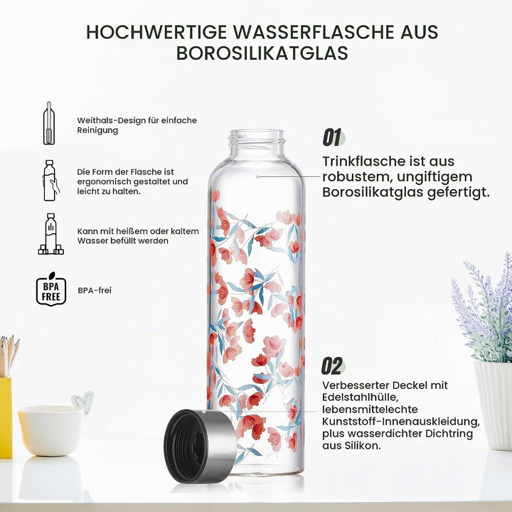 Autsel 500ml Glasflasche Trinkflasche Glas Sport Borosilikat Glass Bottle Wasser Flasche mit Neopren