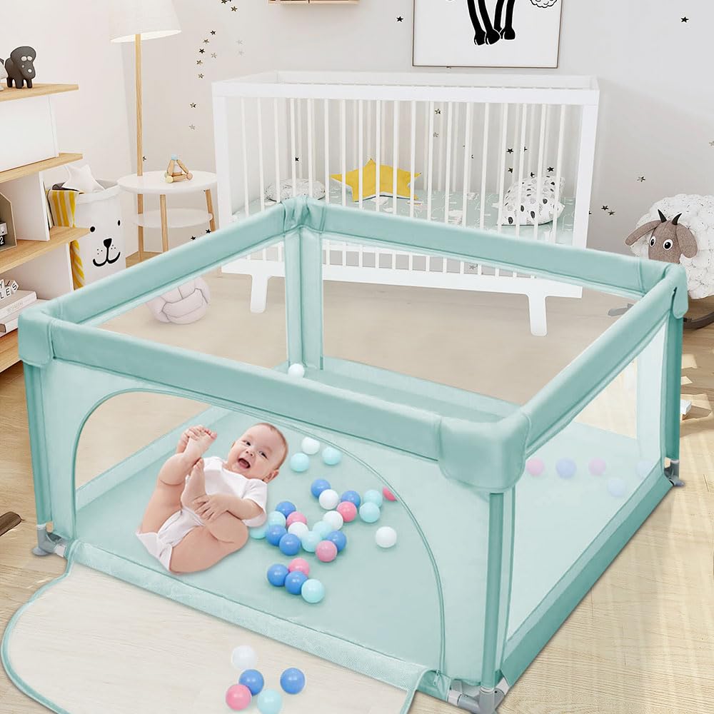 Baby Laufstall, Laufgitter klappbar, Ein-Knopf-Faltung & Sicherheitsschlössern, Krabbelgitter mit Ne