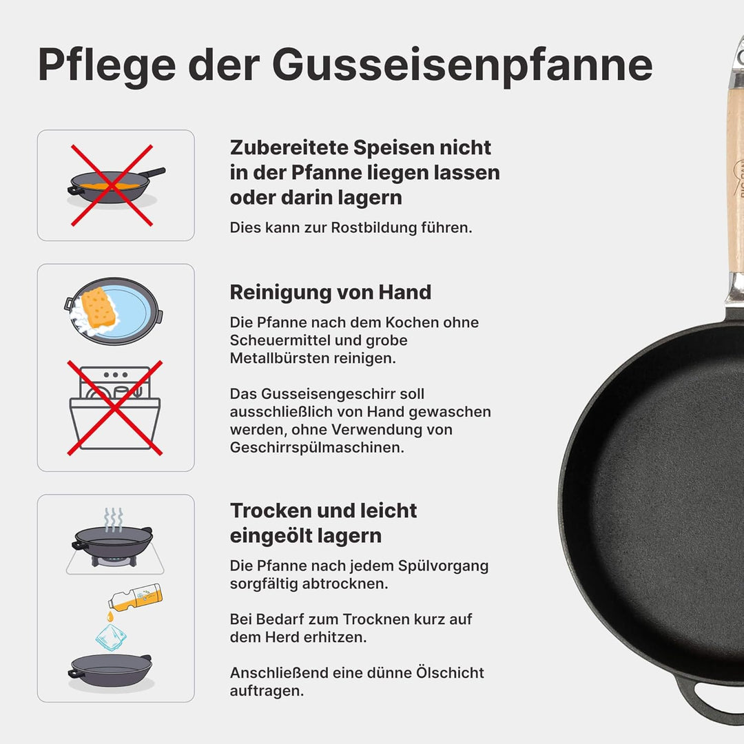 Premium tiefe Gusseisenpfanne 28 cm mit Glasdeckel abnehmbarer Holzgriff | unbeschichtet backofenfes