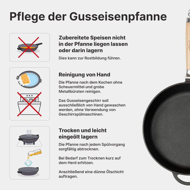 Premium tiefe Gusseisenpfanne 28 cm mit Glasdeckel abnehmbarer Holzgriff | unbeschichtet backofenfes