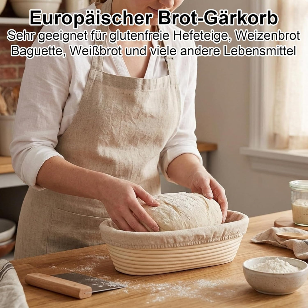 Ovales Gärkörbchen-Set (25x15x8 cm) mit Leinenhaube – Handgeflochtener Rattan-Gärkorb für Brotteig b