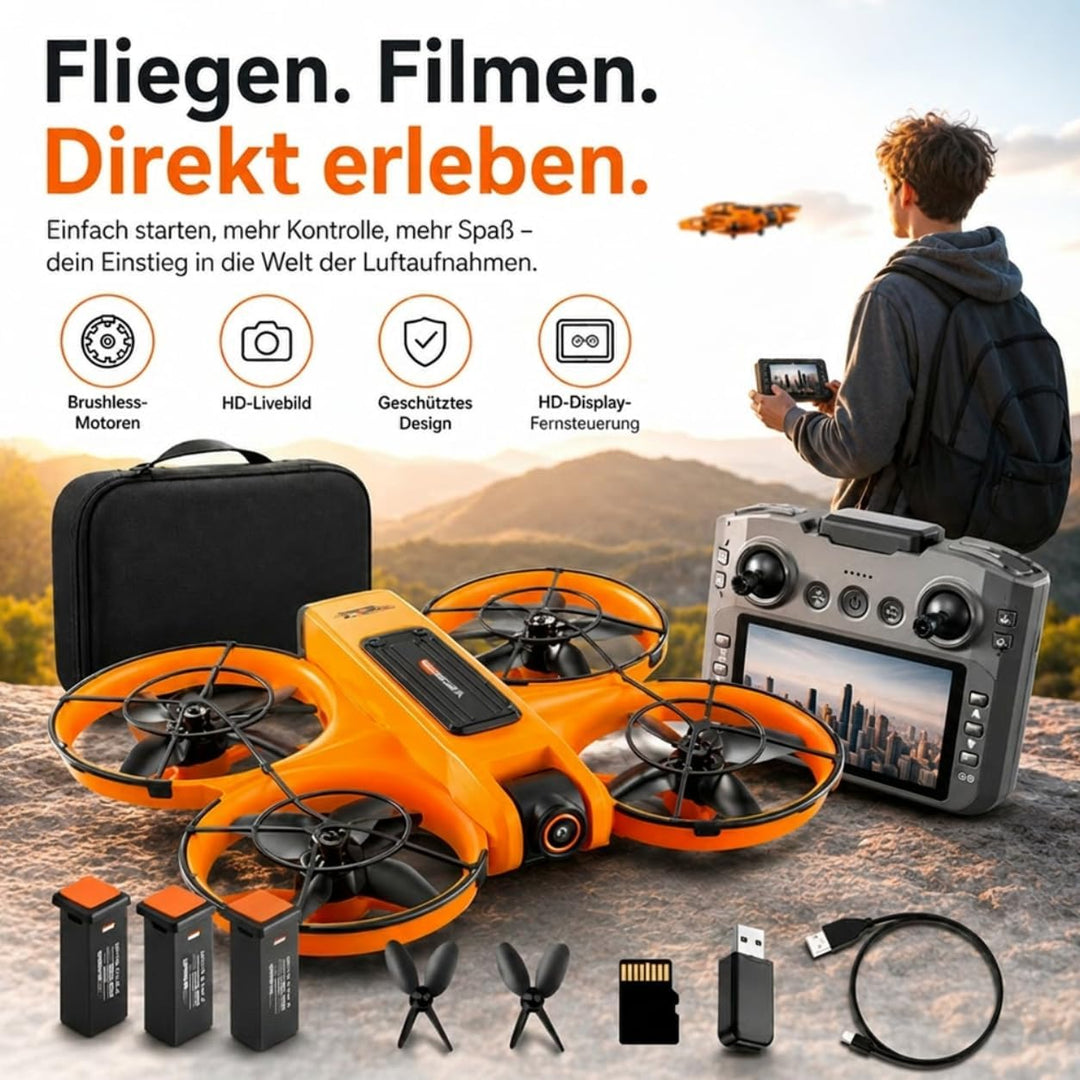 Drohne mit Kamera & Display Fernbedienung, Brushless Motor, Dual Kamera 90° verstellbar, FPV Live-Üb