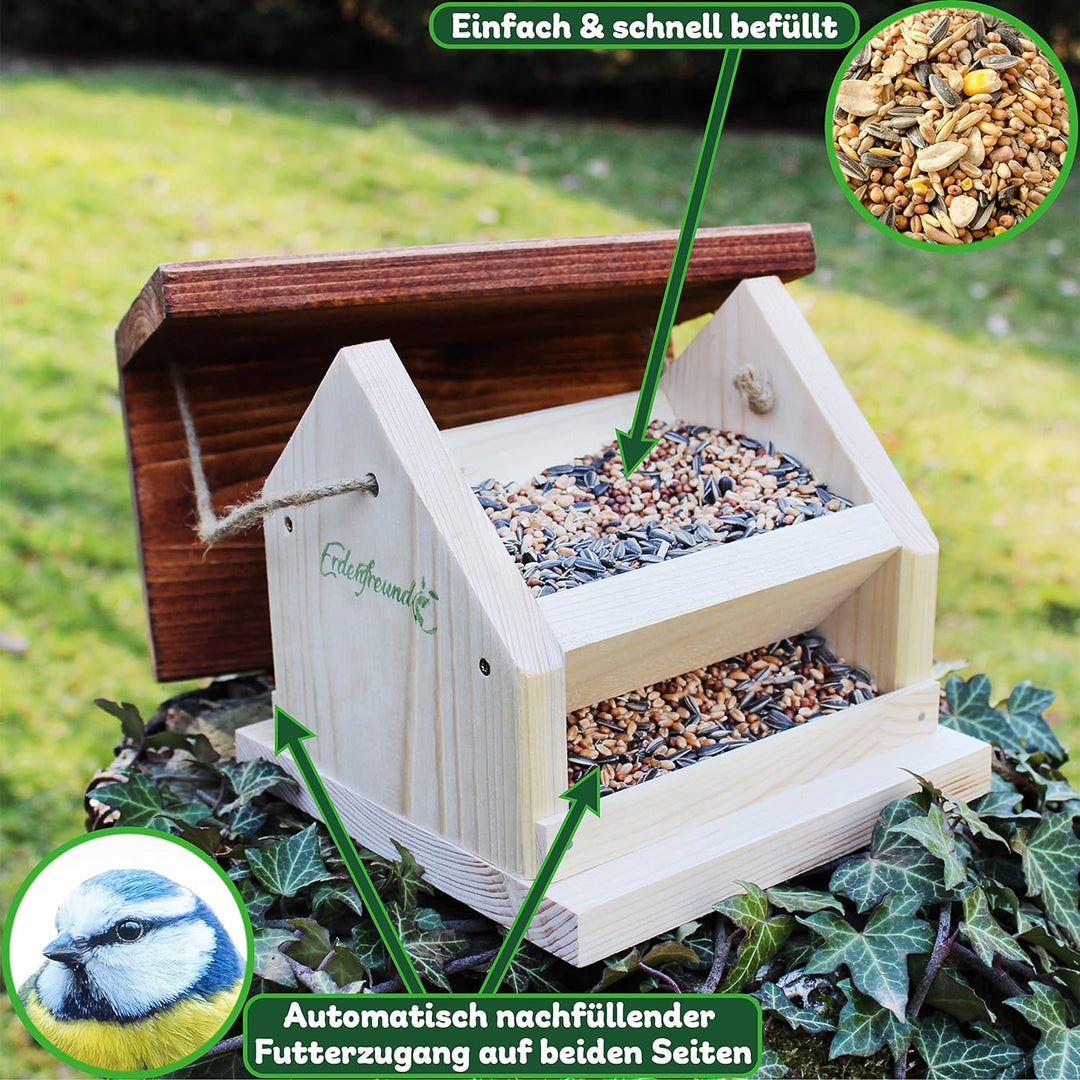 ERDENFREUND® Vogelfutterhaus mit Silofunktion für Wochenrationen Vogelfutterspender 2-seitiger Zugan