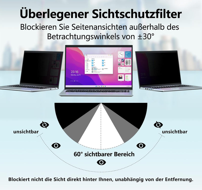 PYS Laptop Blickschutzfolie 15,6 Zoll Anti Spy Blaulicht Blendfrei Sichtschutz Folie 16:9 Abnehmbare