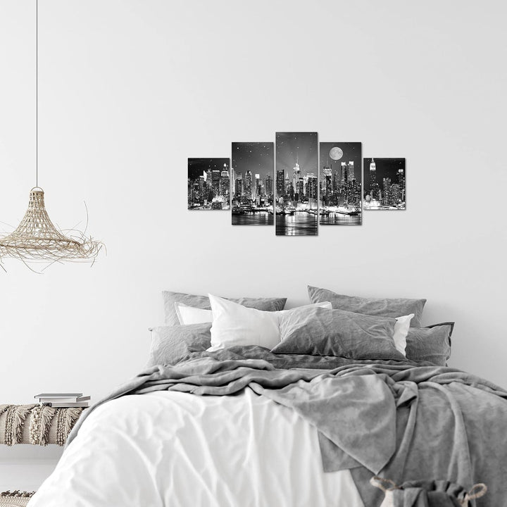 Runa Art Wandbilder New York City 5 Teilig Bild auf Vlies Leinwand Deko Wohnzimmer Büro Skyline Schw