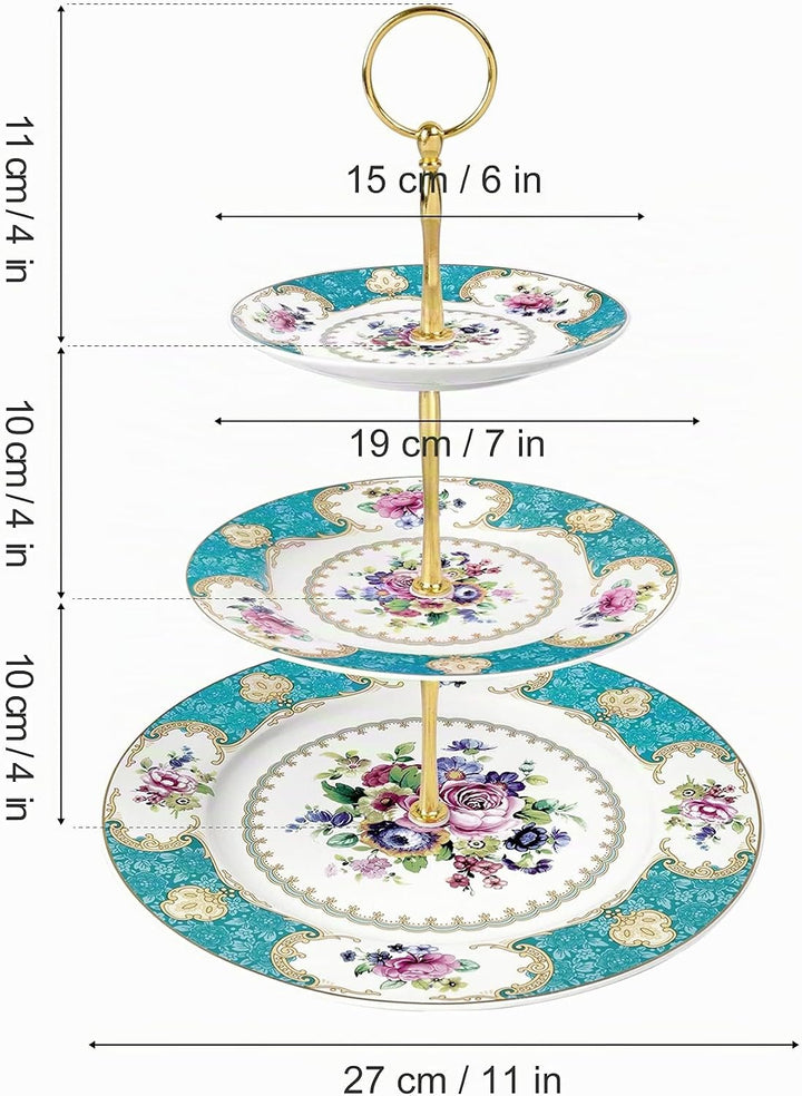 fanquare 3 Stufig Porzellan Tortenständer, Blau Blumen Vintage Cupcake Ständer, Anzeigeturm Tablett