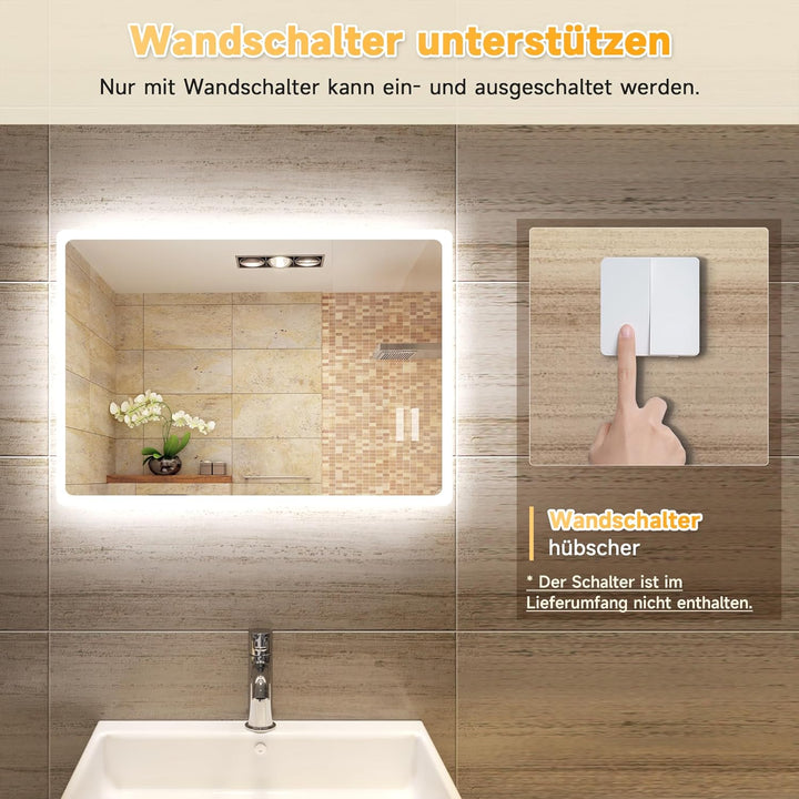 SONNI Badspiegel mit Beleuchtung 60 x 40cm LED Badspiegel Wandschalter Badezimmerspiegel Wandspiegel