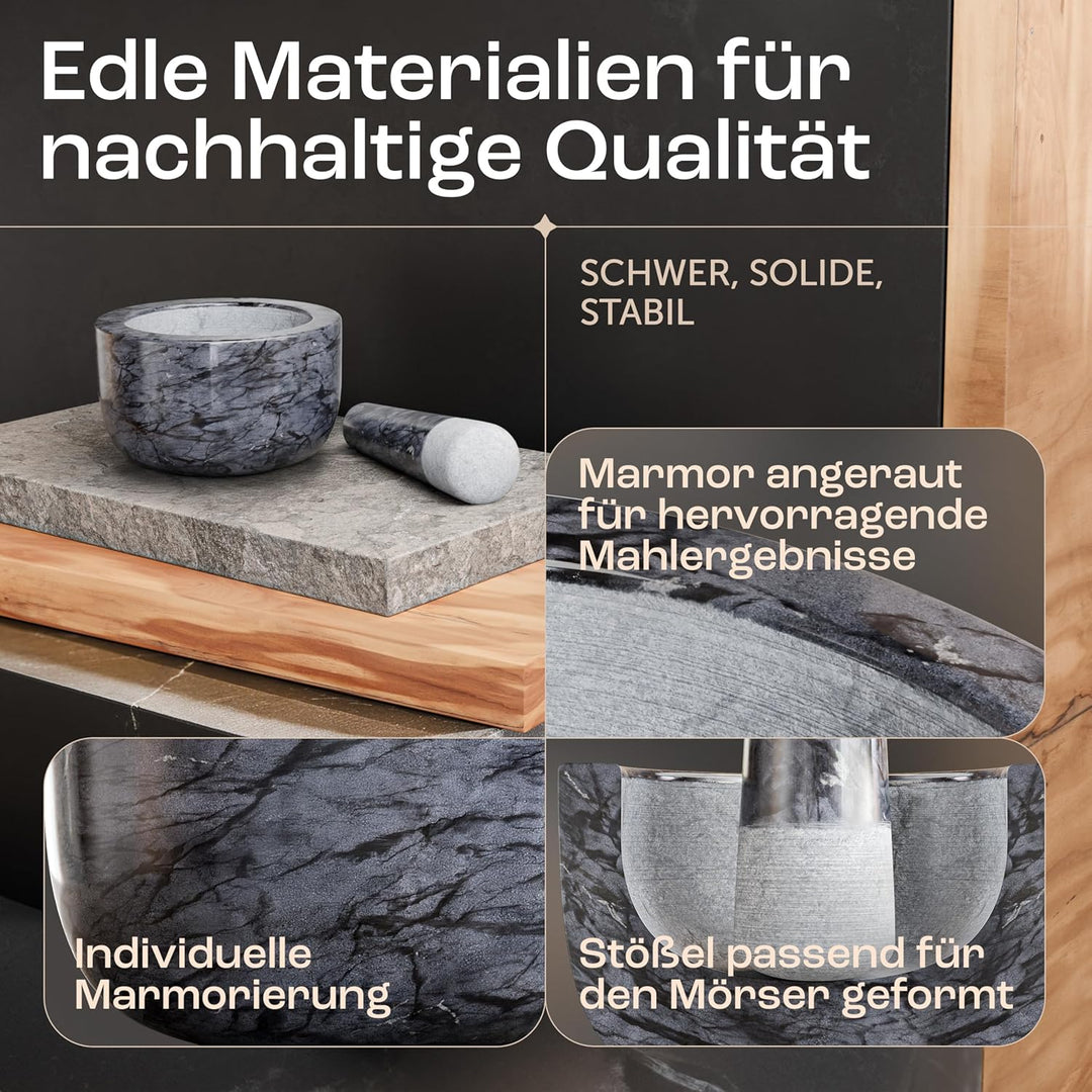 madeco - Edler Marmor Mörser mit Stössel Ø 14 cm - Perfekt geeignet für Gewürze, Kräuter & Nüsse - S