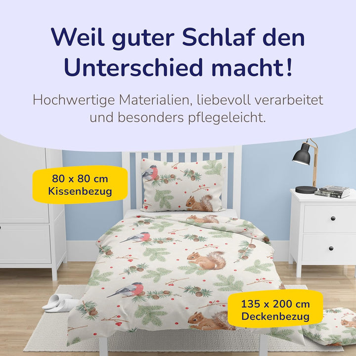 Träumschön Biber Bettwäsche 135x200 Kinder Baumwolle Beige - Eichhörnchen Motiv - Kinderbettwäsche 1