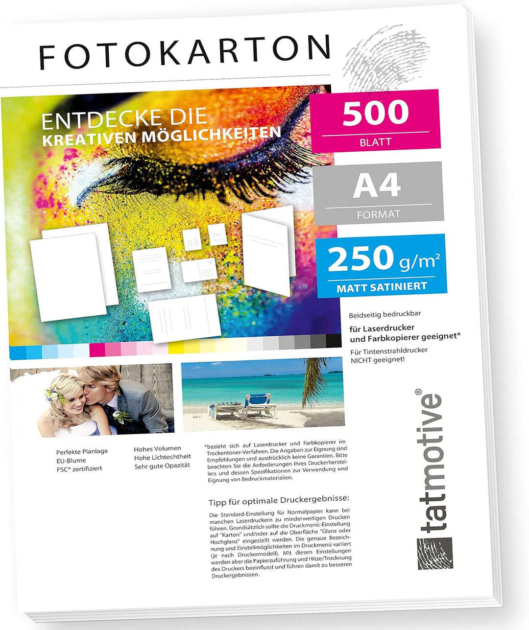 TATMOTIVE F01M500 Fotokarton Fotopapier 250g matt weiss/Laserdrucker/DIN A4 / Beidseitig bedruckbar