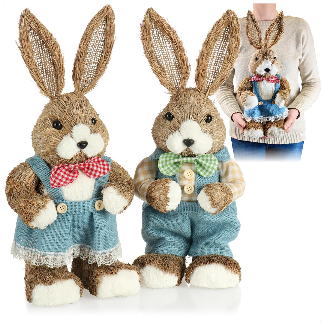 com-four® 2X Stroh Osterhase handgemacht - Deko-Osterhase zur Osterdekoration - Strohfiguren für Ost