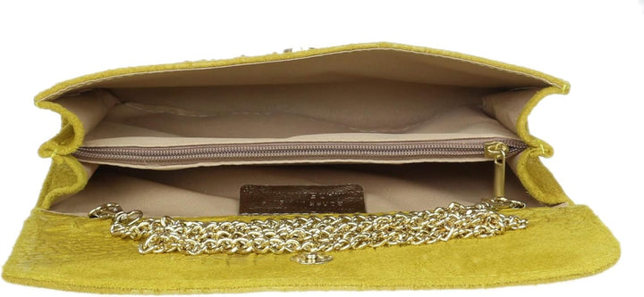 Girly Handbags Schlichte Clutch aus italienischem Wildleder mit Krokodilmuster, Gelb