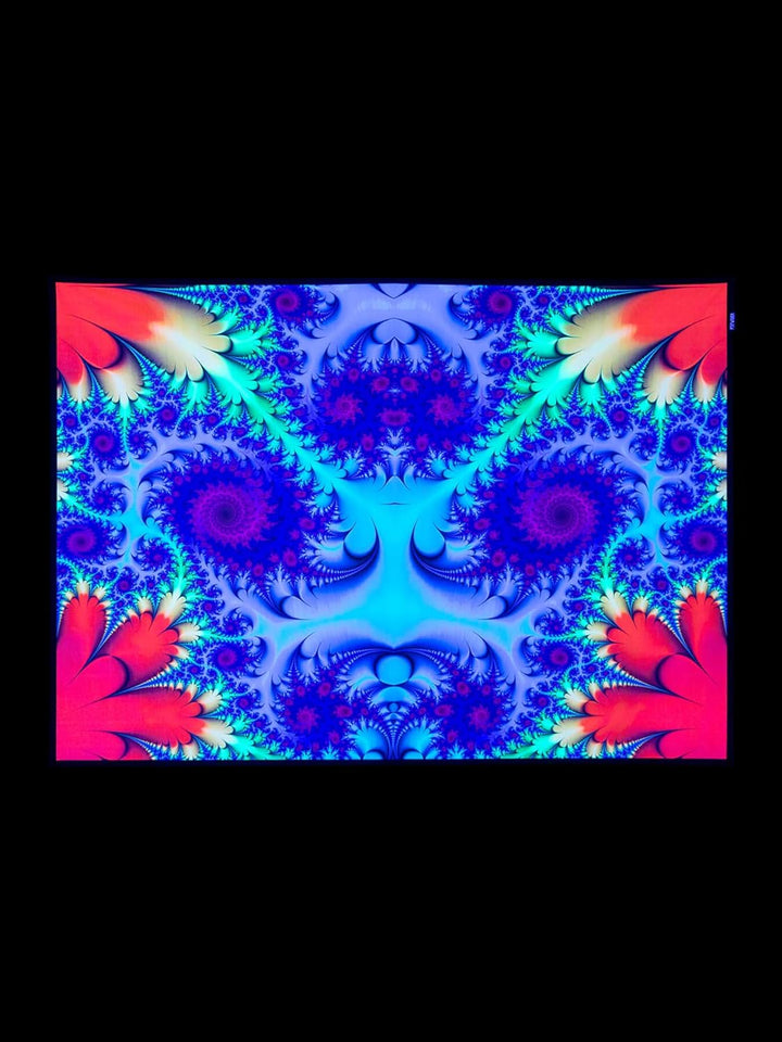 PSYWORK Schwarzlicht Stoffposter Neon | Fractal Wonderland Blue | 1,0 x 1,4m | UV-aktiv | fluoreszie