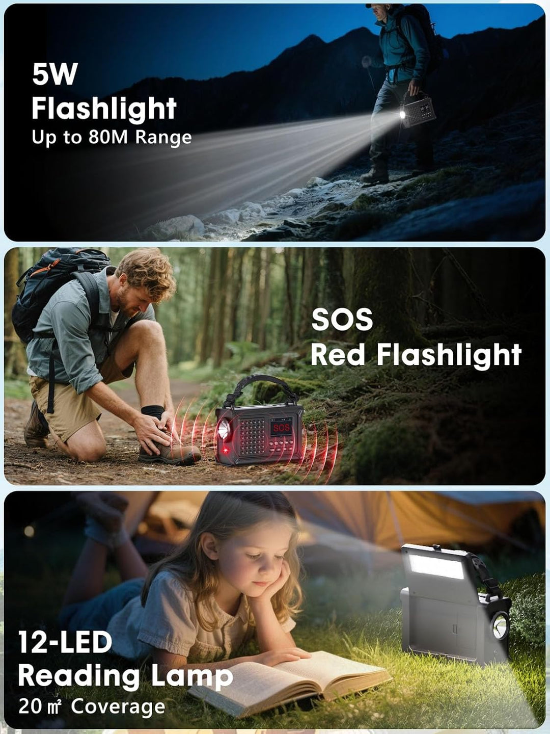 ROCAM Kurbelradio DAB+/UKW, Tragbare Notfallradio 12000mAh mit 8500mm² Solarpanel & 650mA Kurbel, Di