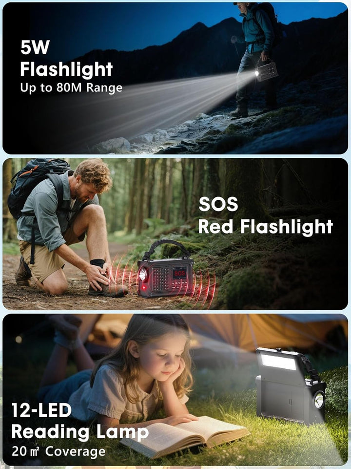 ROCAM Kurbelradio DAB+/UKW, Tragbare Notfallradio 12000mAh mit 8500mm² Solarpanel & 650mA Kurbel, Di