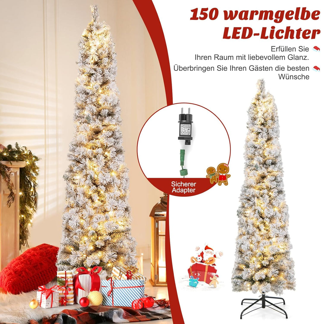 COSTWAY 180 cm Bleistift Weihnachtsbaum mit Schnee, Tannenbaum künstlich mit Beleuchtung, 150 LEDs i